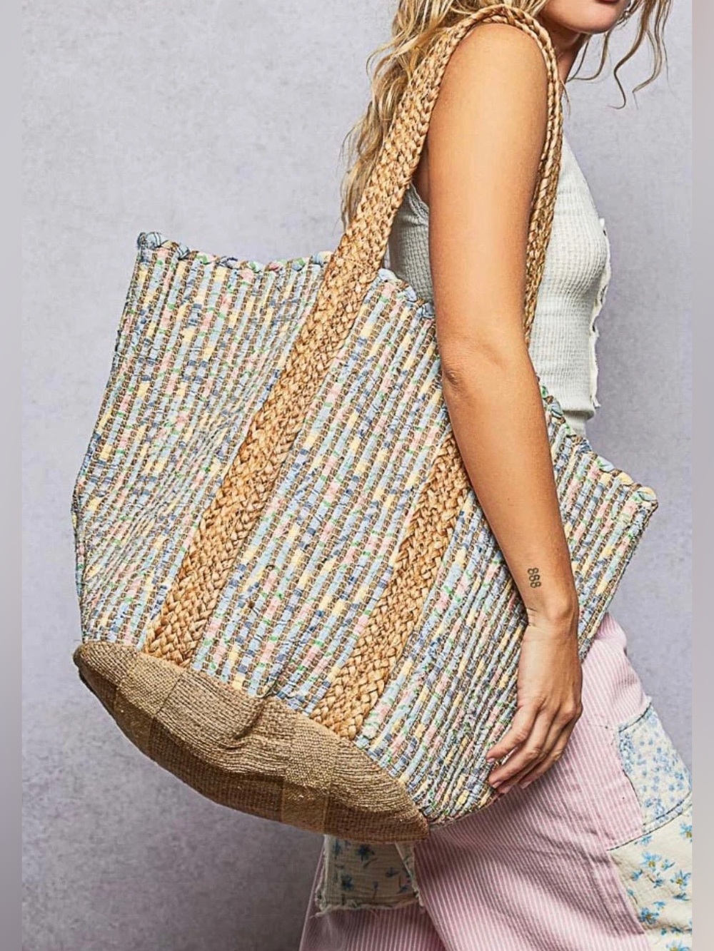 POL Large Woven Cotton & Jute Tote Bag